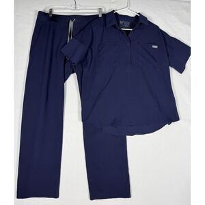 FIGS Scrub Set Women's Navy Collared Button Top Medium Livingston Pants Large